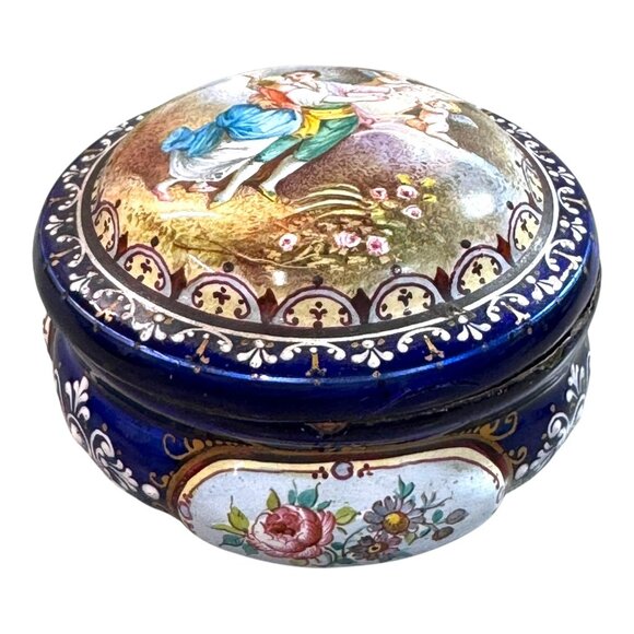 Antique French Hand-Painted Courting Couple Gold Gilt Trinket Box Floral READ - Picture 1 of 10